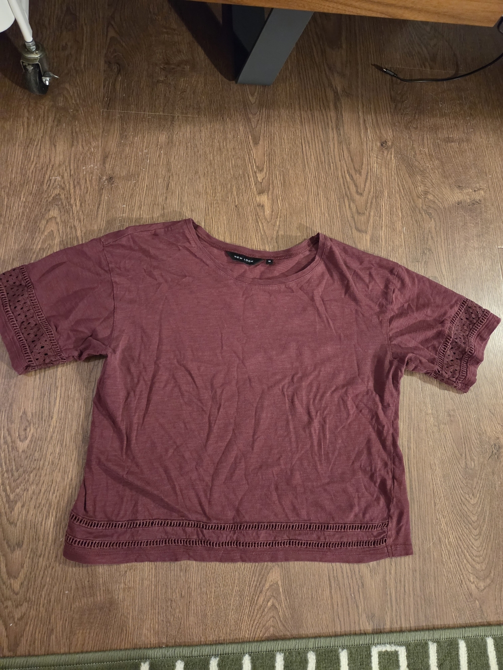 New Look Short Sleeve Tee in Burgundy with Lace Trim UK12